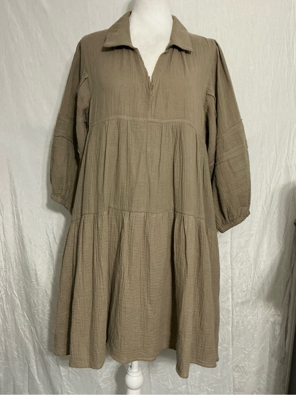 Tiered Collared Long-Sleeve Dress in Taupe